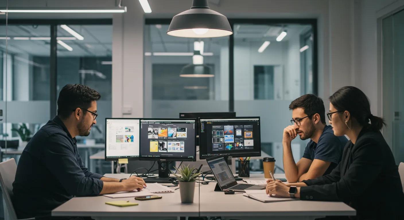 a sleek, modern office environment showcases a focused local web design team collaborating over vibrant digital mockups, emphasizing their commitment to simplicity, personalized service, and local market insights.