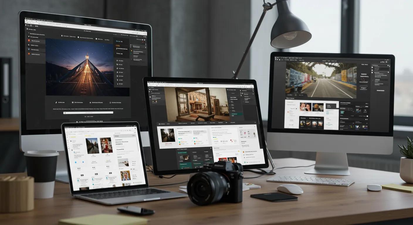a sleek, modern office workspace is filled with multiple digital devices displaying a vibrant, responsive website interface, showcasing effortless navigation and optimized layouts, capturing the essence of enhanced user experience and improved conversions.
