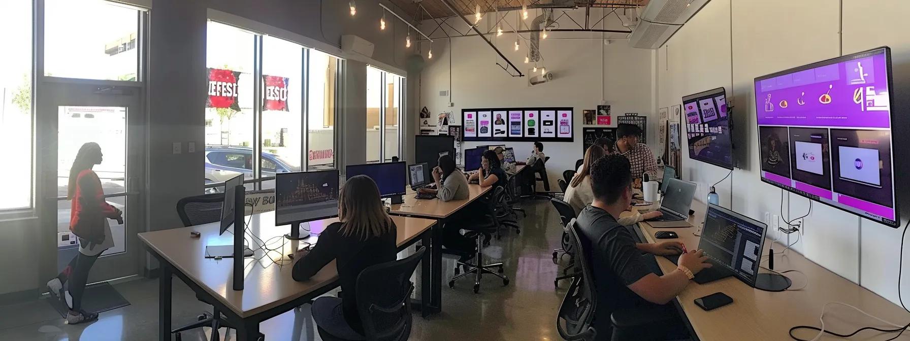 a modern office workspace featuring a sleek computer screen displaying an engaging website design mockup, complemented by design tools and digital devices, conveying the essentials of affordable web design services in an urban business environment.