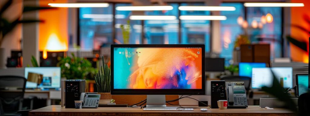 a sleek, modern office workspace in el paso, featuring a visually engaging monitor displaying a colorful, affordable website design interface, illuminated by bright overhead lights that highlight the creative atmosphere.