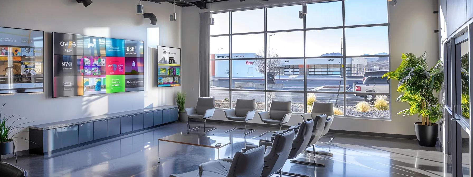 a sleek, modern office space in el paso, featuring a large digital screen displaying vibrant web design graphics and a group of diverse professionals engaged in a dynamic discussion about affordable web design solutions.