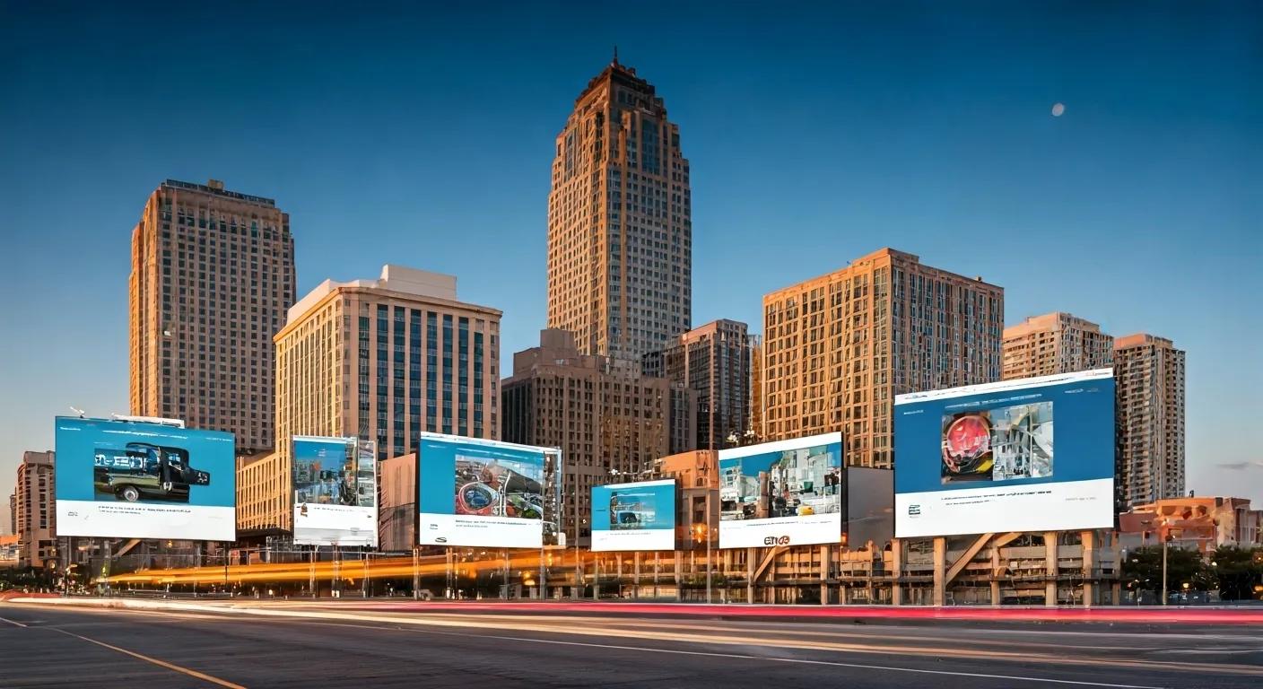 a dynamic golden-age comic-style illustration depicting a bustling texas city skyline with iconic landmarks, where local businesses prominently feature their websites on large digital billboards, embodying the powerful impact of local seo on design and visibility.