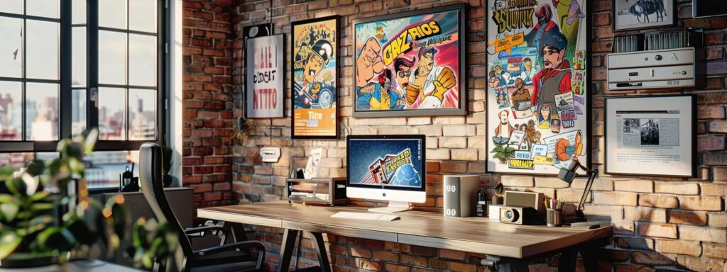 a dynamic office workspace adorned with vintage golden-age comic art on the walls, showcasing a stylish computer displaying a sleek website design for a texas small business, all rendered in muted tones to emphasize creativity and professional impact.