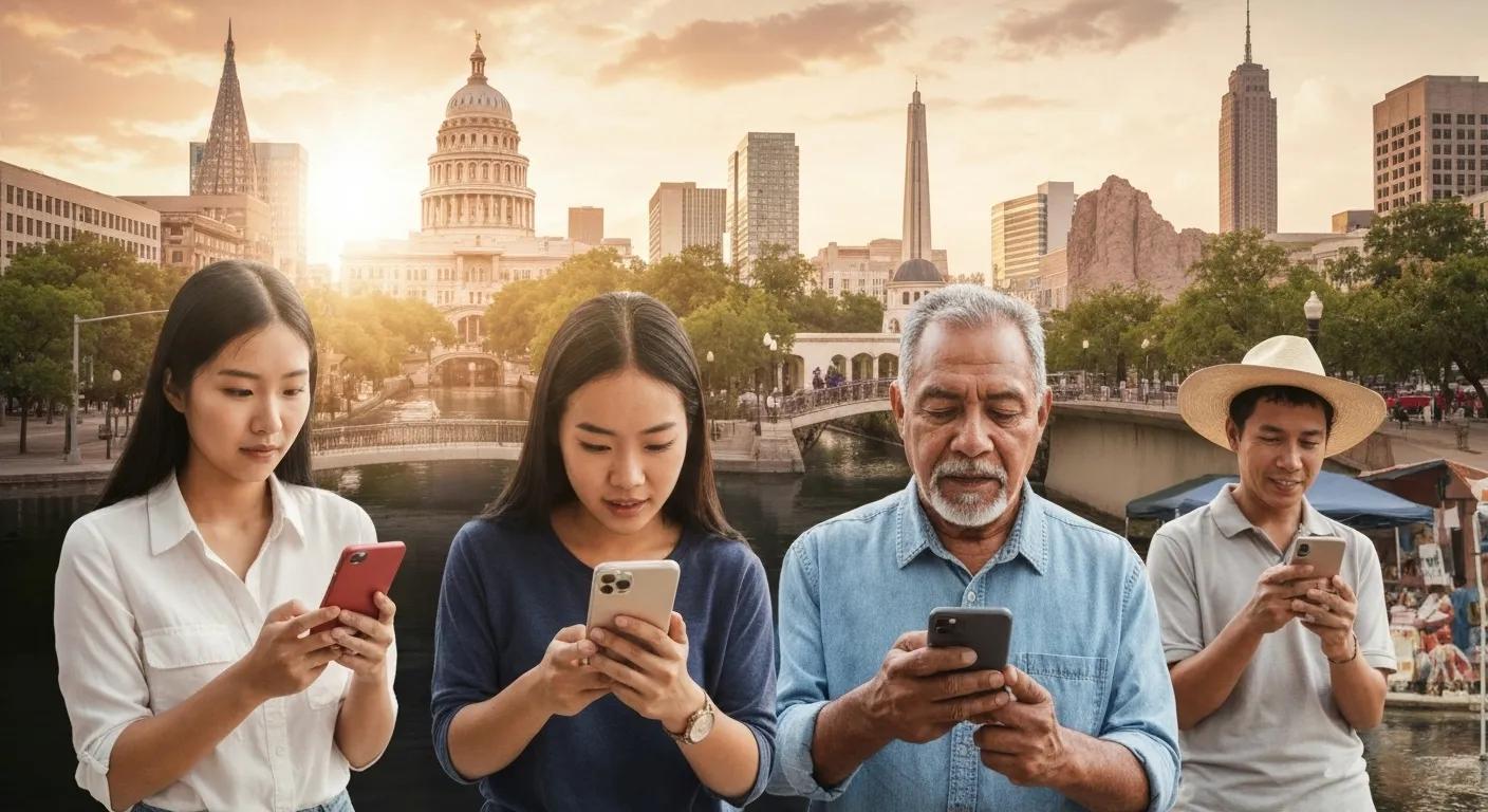 Texas consumers using smartphones for local searches with landmarks in the background