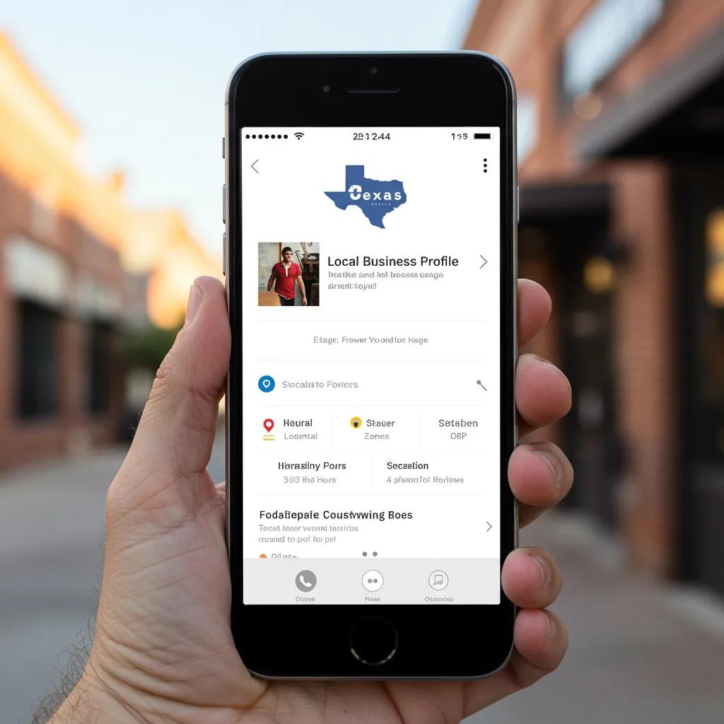 Smartphone displaying an optimized Google Business Profile for a local Texas business