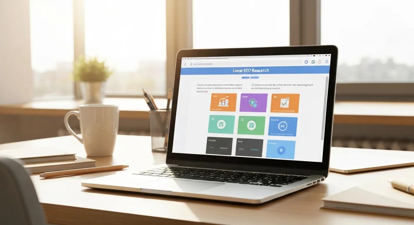 Workspace with laptop showing keyword research tools, emphasizing local SEO strategies