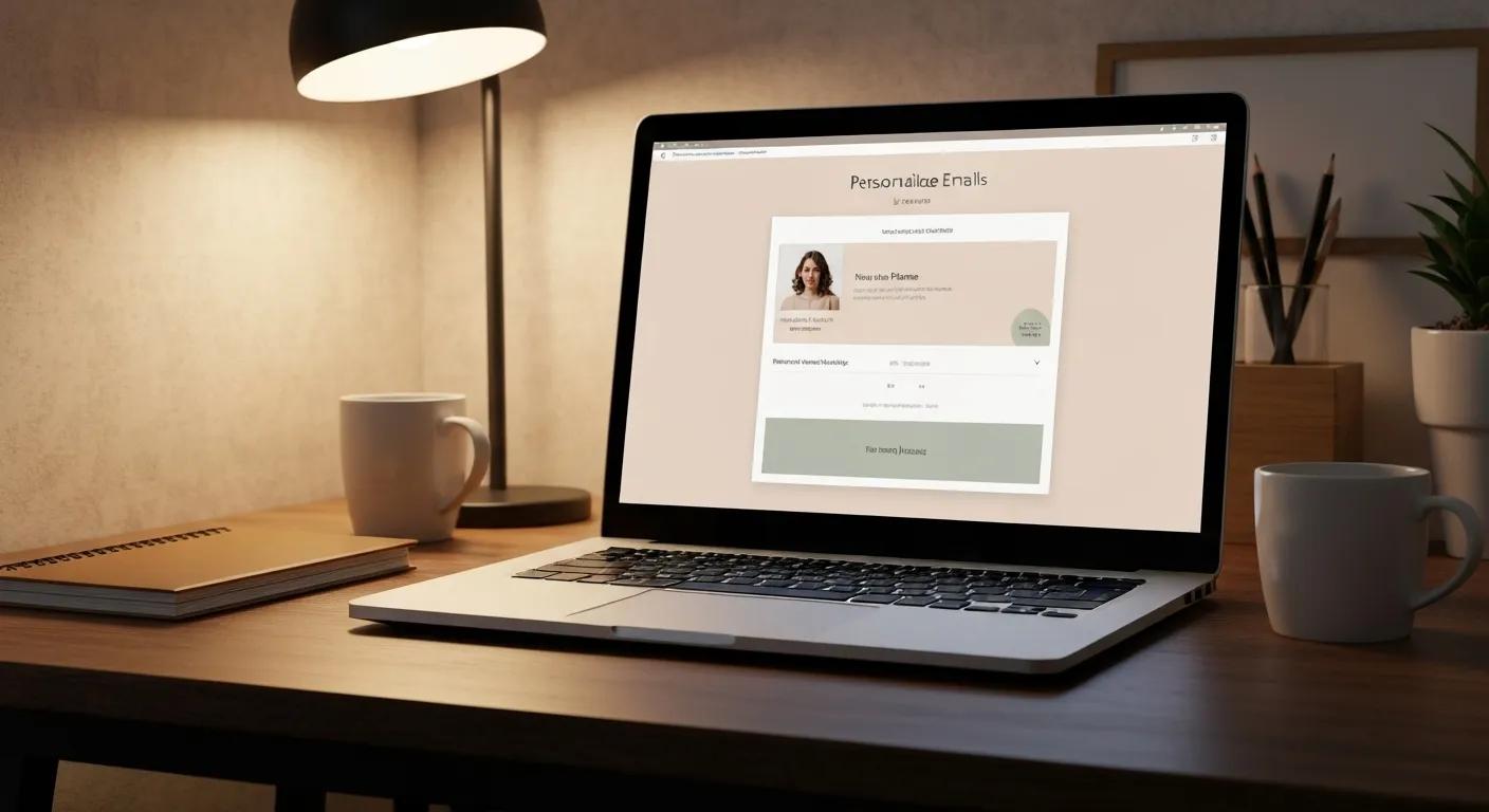 Personalized email template on a computer screen in a cozy workspace
