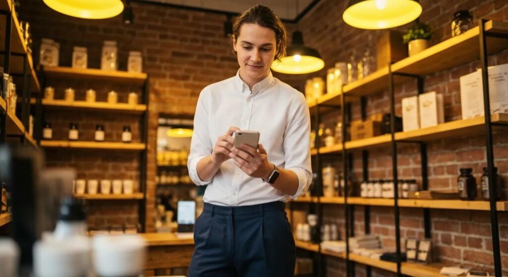 Small business owner optimizing Google My Business on smartphone in a cozy shop