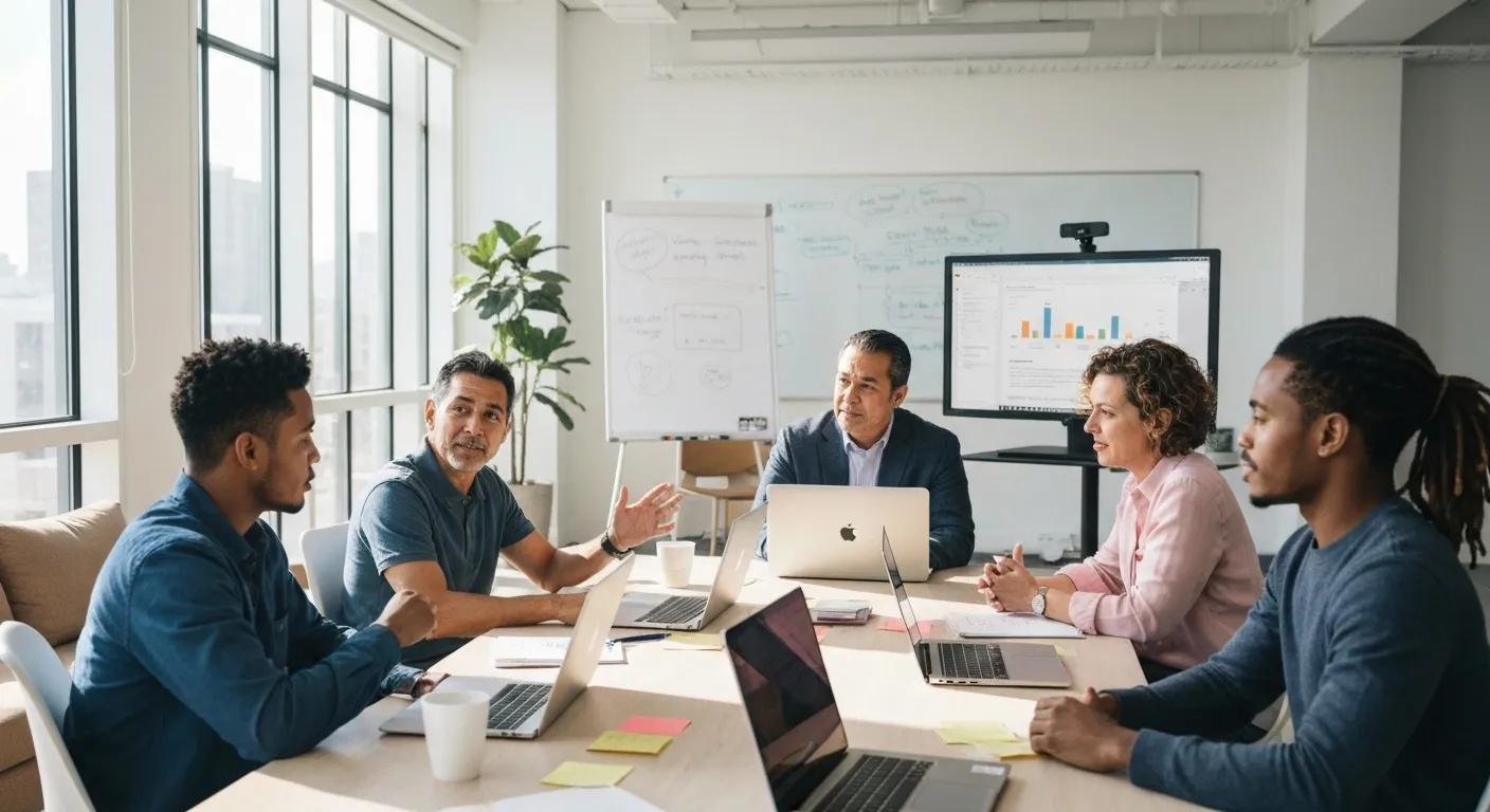 Team brainstorming customer engagement strategies for Google My Business in a modern office