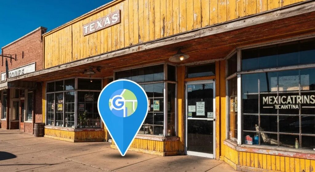 Texas small business storefront with Google Maps pin highlighting local visibility