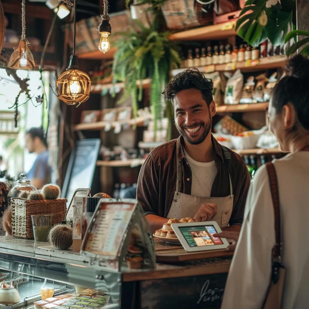 Happy business owner interacting with customers in a vibrant store, showcasing the success of responsive web design
