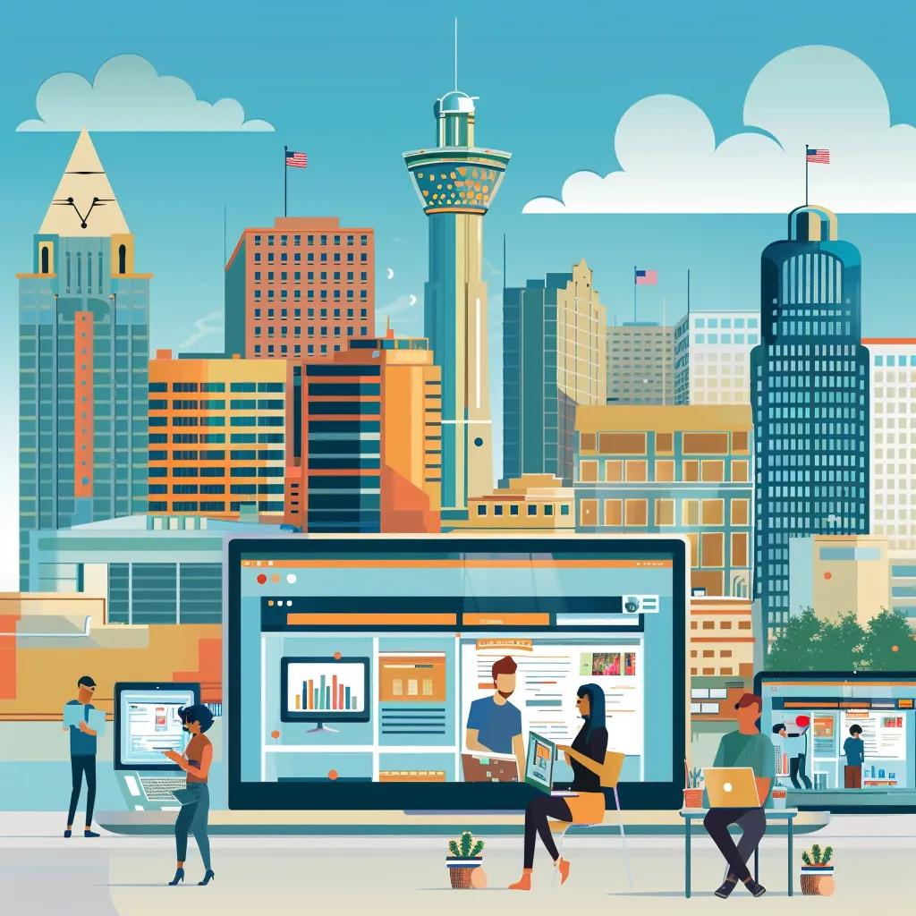 Diverse small business owners in El Paso collaborating on responsive web design with laptops and tablets