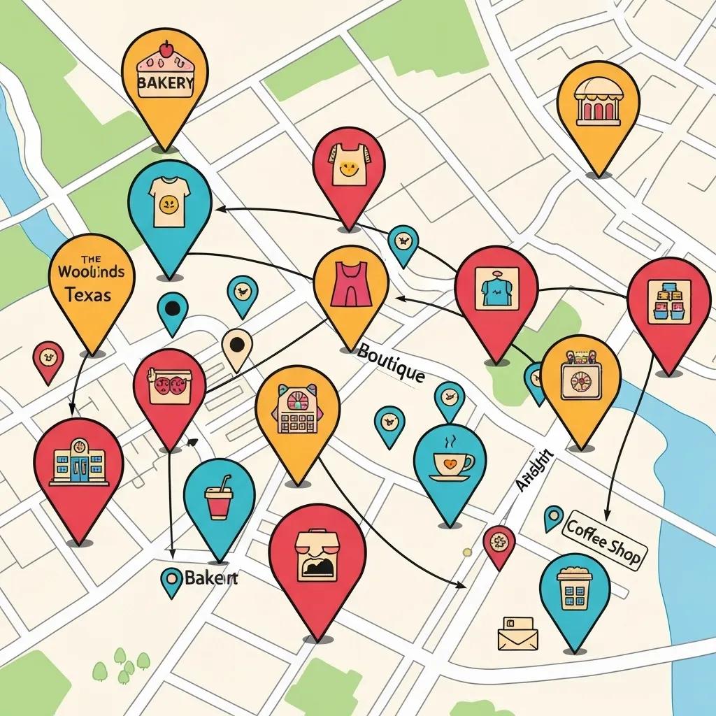 Map illustrating local businesses in The Woodlands, showcasing the benefits of local SEO