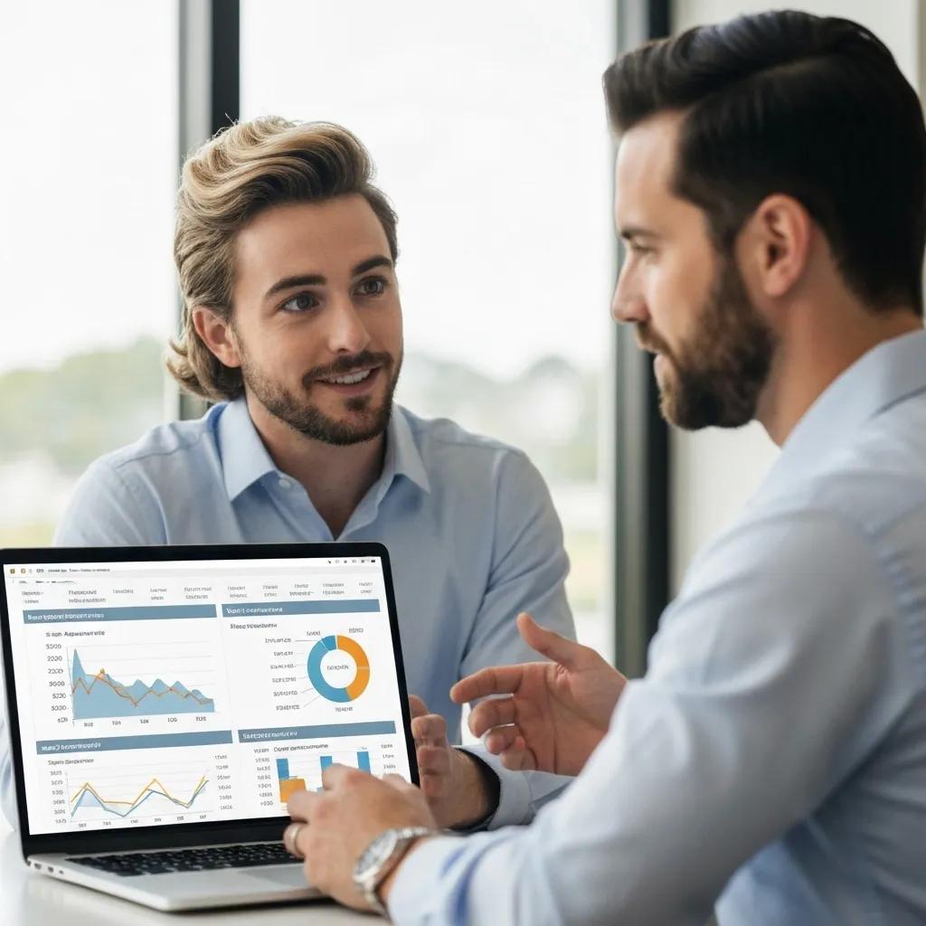 Small business owner consulting with an SEO expert in a modern office setting in The Woodlands, Texas