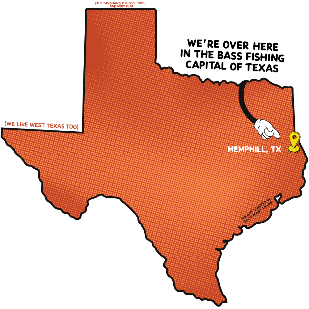 Texas map of pixeldrip offices and headquarters in Hemphill, the Bass Fishing Capital of Texas. Best place for Local SEO, Websites, and Digital Marketing Services in Texas