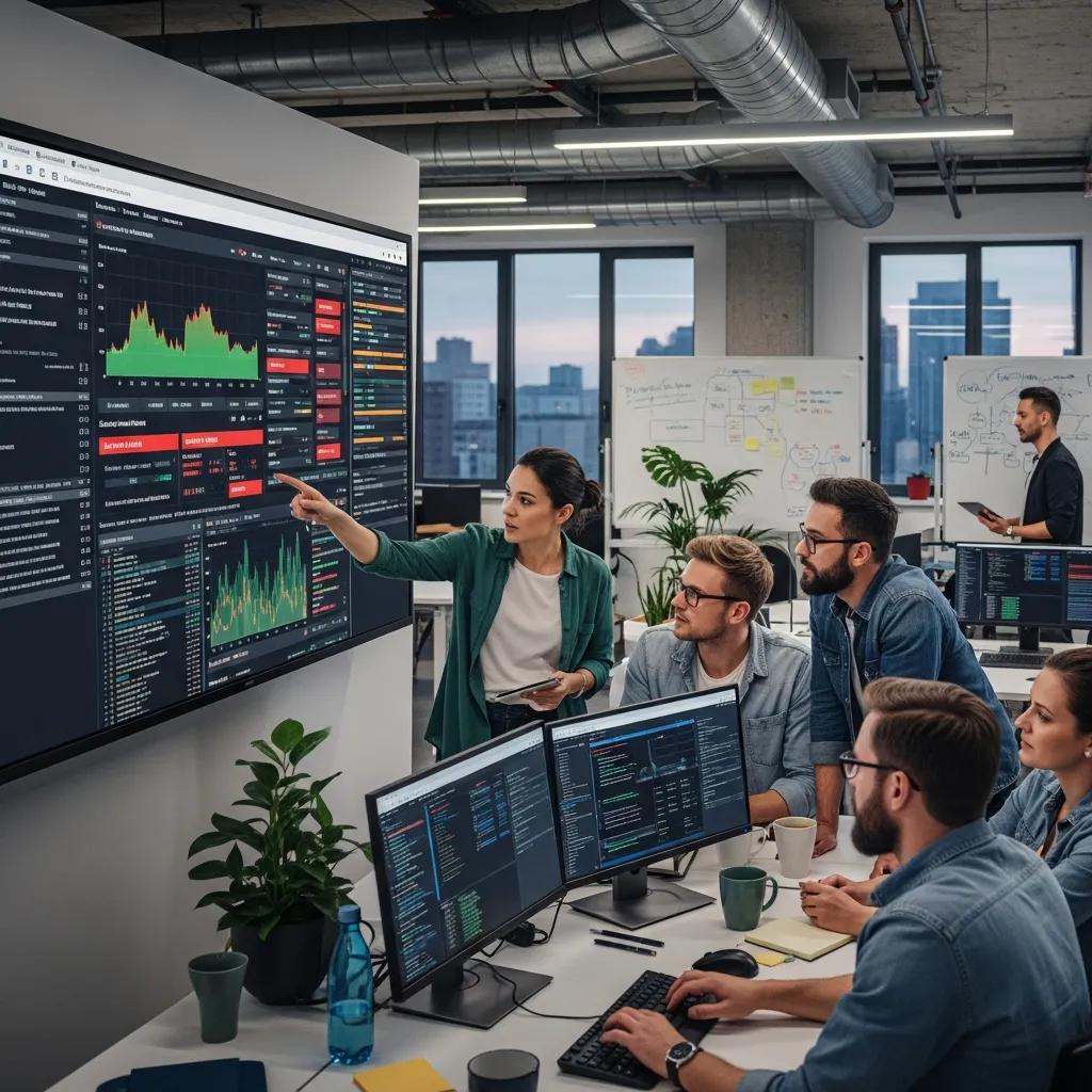 IT professionals collaborating on website monitoring and uptime in a modern office