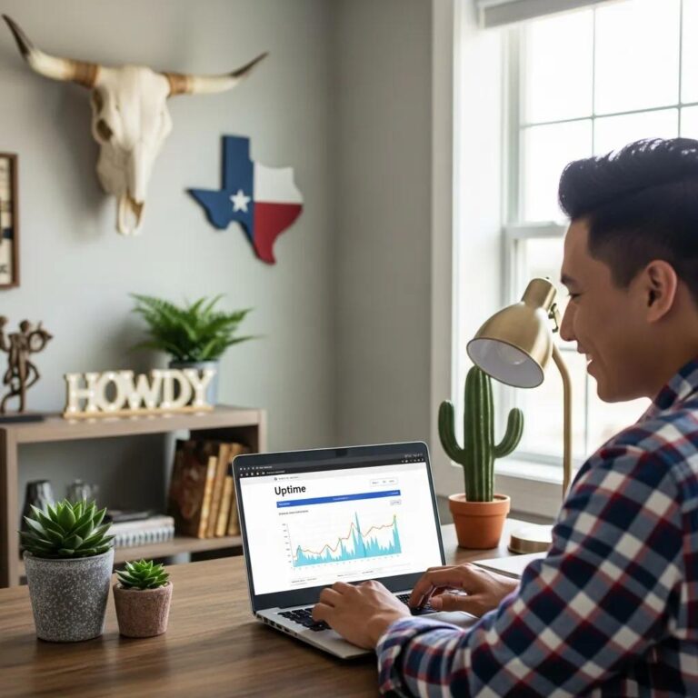 Small business owner in Texas monitoring website uptime on a laptop in a cozy office