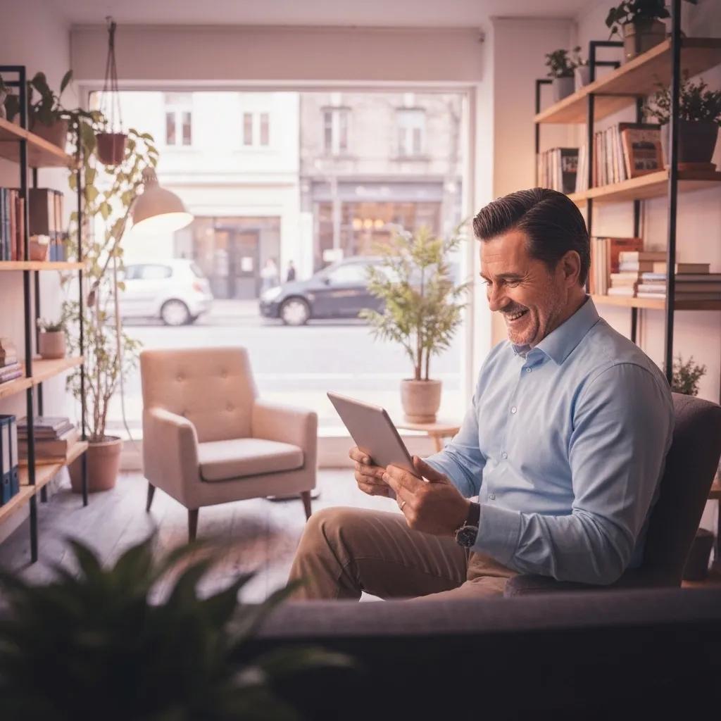 A business owner reviewing positive customer feedback on a tablet, highlighting the impact of online reputation management